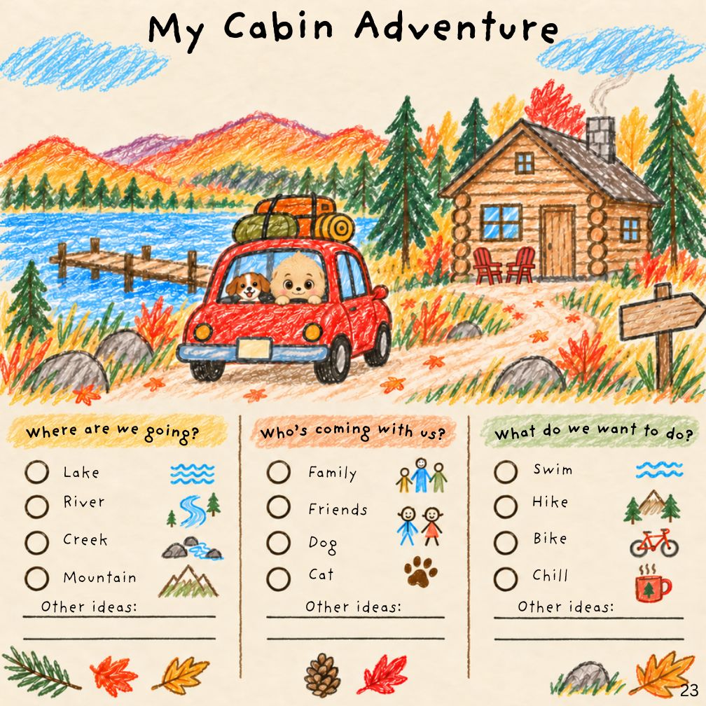 A colorful cabin adventure activity where children choose where to go, who comes, and what to do