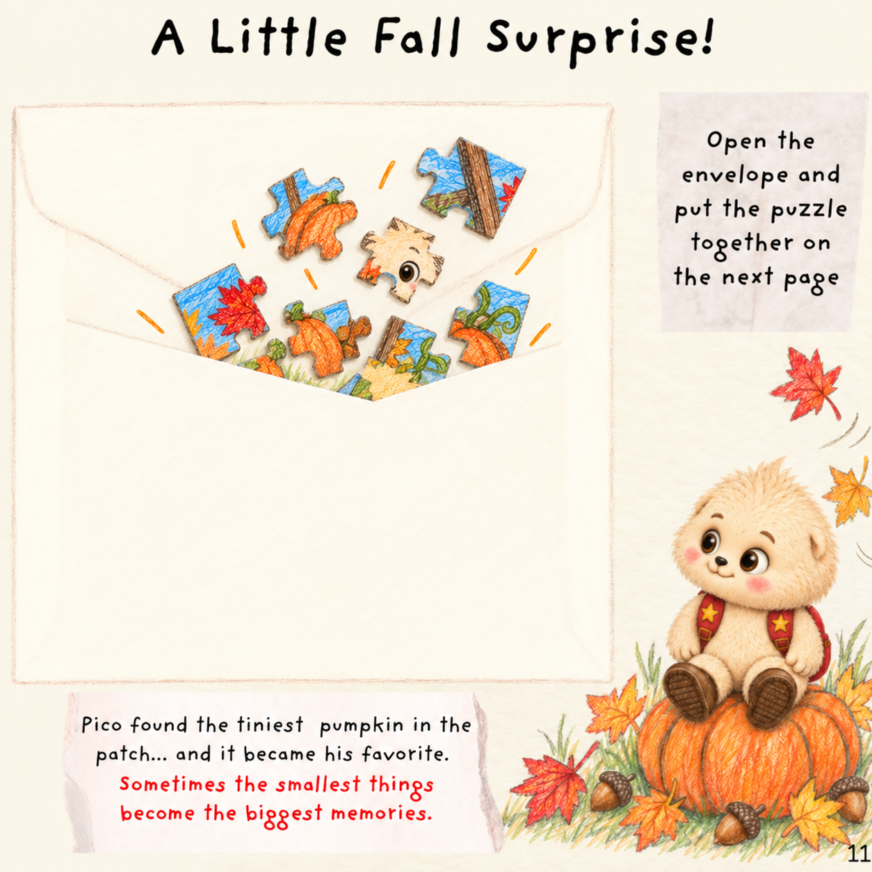 A Little Fall Surprise page with colorful puzzle pieces coming out of a large white envelope